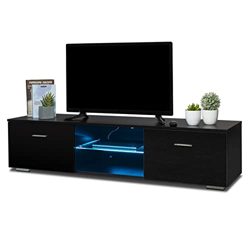Moderner Multimedia-Konsole LED-TV-Ständer Entertainmentcenter mit 2 Schubladen und Glasböden, moderner Medienkonsolen-TV-Ständer für Wohnzimmer Schlafzimmer von SFANIIX