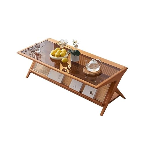 SFANIIX Moderner Mitteltisch, Rattan-Couchtisch, rechteckig, schlichter Teetisch für Zuhause, Wohnzimmer, Teetisch aus Holz mit Stauraum, Kaffeetisch (S) von SFANIIX