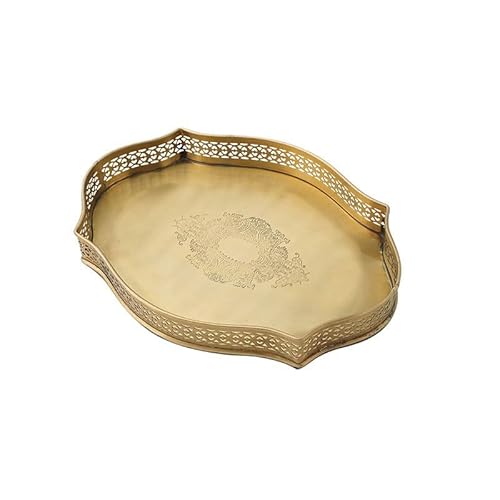 Tablett Vintage Messing Tablett Geschnitzt Haushalt Teeblatt Obst Tablett Schmuck Ablagefach Palast Stil Teetisch Obst Tablett Snackschal(B) von SFANIIX