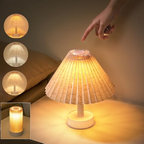 2-in-1 LED Tischlampe Kabellos Akku Nachttischlampe, USB Aufladbar Klein Tischleuchte mit Stoff Plissee Lampen-schirm, Modern Dimmbar Tisch Leuchte für Schreibtisch Nachttisch Schlafzimmer Wohnzimmer von SFBKGTU