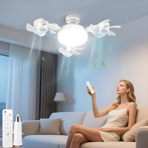 LED Deckenlampe mit Ventilator, E27 Lampenfassung Lampe mit klein Ventilator, deckenventilator mit Beleuchtung Licht 3 Fan Köpfe Leise, Timing, 3-Gang, Deckenleuchte mit Ventilators & Fernbedienung von SFBKGTU