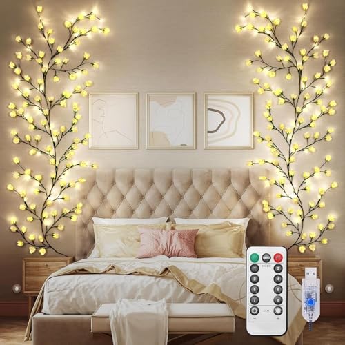SFBKGTU 230CM 144 LEDs Kirschblüten Willow Vine Wand Deko - Zimmer Ästhetische deko Wanddeko mit Fernbedienung, 8 Modi, USB-Betriebene Timer, Gelb Weidenrebe Baum schön Lichter für Wohnzimmer Deko von SFBKGTU