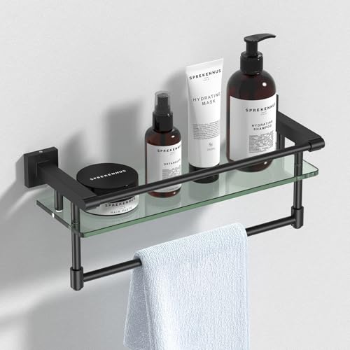 Glasregal für Badezimmer, 41 cm, Badezimmerregale mit Handtuchstange, Regale aus gehärtetem Glas mit Edelstahl-Handtuchhalter für Wand, Waschbecken über Toilette (mattschwarz) von SFGSOWOR
