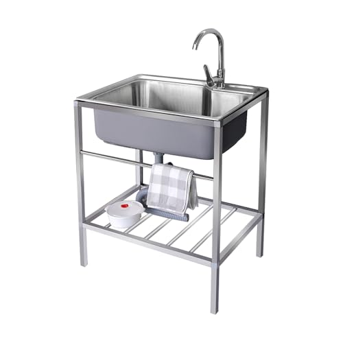 Freistehendes Edelstahl Waschbecken den Außenbereich, gewerbliches ausgussbecken Mit Warm- und Kaltwasserhahn, für Outdoor Garage Garten Camping Keller(68 * 44 * 75cm) von SFJATTA