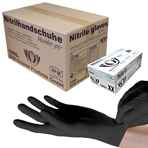 SFM ® BLACKLETS GRIP+ Nitril : XS, S, M, L, XL schwarz puderfrei F-tex Einweghandschuhe Einmalhandschuhe Untersuchungshandschuhe Nitrilhandschuhe S (1000) von SFM
