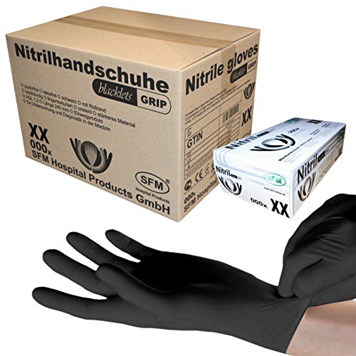 SFM ® BLACKLETS GRIP Nitril : S, M, L, XL schwarz puderfrei F-tex Einweghandschuhe Einmalhandschuhe Untersuchungshandschuhe Nitrilhandschuhe XS (1000) von SFM