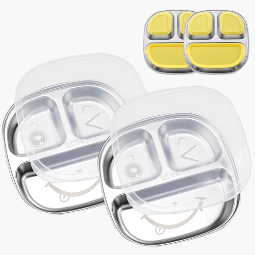 2 Stück Edelstahl Teller Kinder, Baby Teller mit Saugnapf, Rutschfestes Lebensmitteltabletts mit Drei Fächern und Transparentem Deckel, Erwachsene Bariatric (Smiley-Muster) von SFNN
