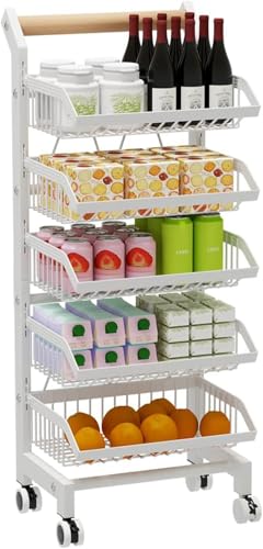 SFSLBFB 5-stöckiger Snackwagen für die Küche mit Rädern, Aufbewahrungskorb für Obst und Gemüse, Verstellbarer Gemüsekorb mit Holzgriffen, Lagerregal aus Metall, weiß SFSLBFB 5-stöckiger Snackwagen für die Küche mit Rädern, Aufbewahrungskorb für Obst und Gemüse, Verstellbarer Gemüsekorb mit Holzgriffen, Lagerregal aus Metall, weiß von SFSLBFB
