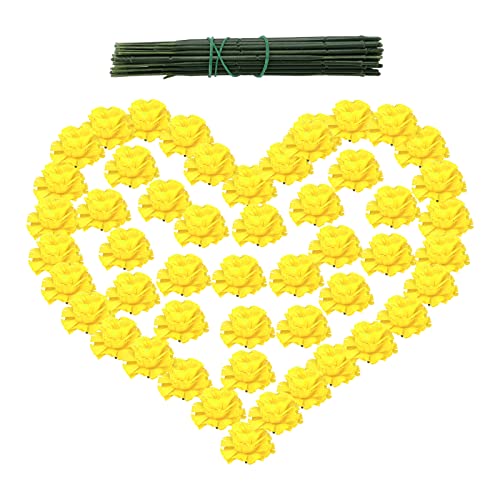 SFTYUFS 50 Stück künstliche Blütenköpfe Seide Ringelblume Blütenköpfe Bulk künstliche Ringelblume Blumen mit Stiel für Party DIY Festival Home Decor Hut Ornament (gelb) von SFTYUFS