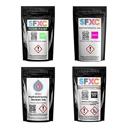 Smart Ink Testpack, Thermochrom, Photochrom, Hydrochrome und nachleuchtend im Set, Siebdruckfarbe von SFXC