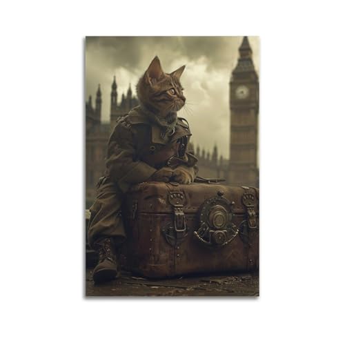 Niedliches Kätzchen in Militäruniform mit Steampunk-Koffer, Tier-Poster, exquisites modernes Familien-dekoratives Gemälde für Wohnzimmer, Schlafzimmer, Leinwand-Kunstdruck, 60 x 90 cm von SFXHHWG