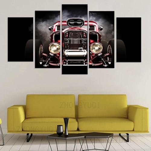 SFgFGfcghC Leinwand Kunst Set (5-teilige Sammlung) Kunstbedruckte Wanddekoration Rote Räder Frontansicht Vintage Auto Poster Gerahmtes Leinwandkunstwerk,XL von SFgFGfcghC