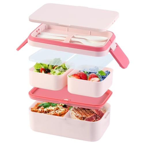 SGAONSN Brotdose Kinder mit Fächern 1780ML,3 in 1 Brotdosen Lunchbox Kinder mit 3 Fächern,Auslaufsicher Bento Box Erwachsene,Vesperdose Frühstücksbox für Mädchen & Jungen BPA-Frei(Rosa) von SGAONSN