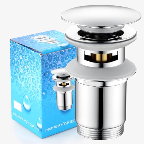 Ablaufgarnitur mit Überlauf (Chrom) - Pop Up Ventil für Waschbecken und Waschtisch – Ablaufventil Abflussgarnitur aus Messing (Silbrig Überlauf) von SGIXBE