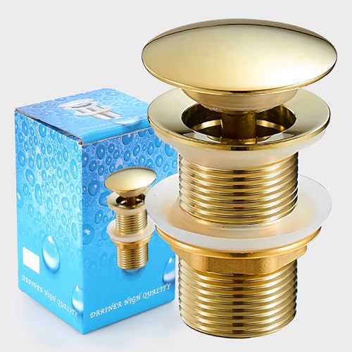 Bächlein Universal Ablaufgarnitur mit Überlauf (Chrom) - Pop Up Ventil für Waschbecken und Waschtisch – Ablaufventil Abflussgarnitur aus Messing mit Einbauanleitung (Golden Ohne Überlauf) von SGIXBE