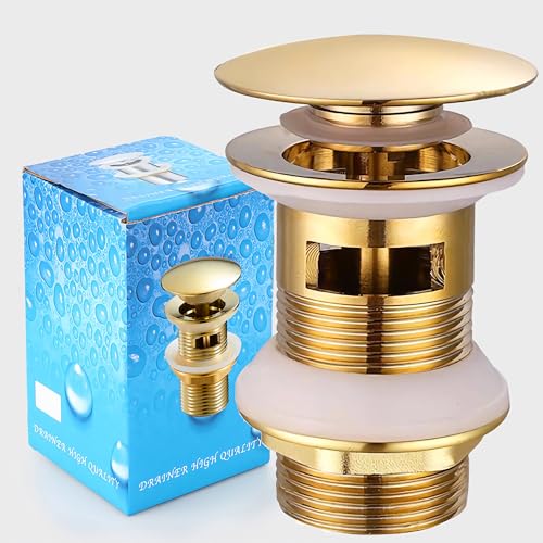 Bächlein Universal Ablaufgarnitur mit Überlauf (Chrom) - Pop Up Ventil für Waschbecken und Waschtisch – Ablaufventil Abflussgarnitur aus Messing mit Einbauanleitung (Golden Überlauf) von SGIXBE