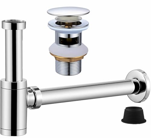 Bächlein Universal Ablaufgarnitur mit Überlauf (Chrom) - Pop Up Ventil für Waschbecken und Waschtisch – Ablaufventil Abflussgarnitur aus Messing mit Einbauanleitung ((Siphon - L) + Silbrig Überlauf) von SGIXBE