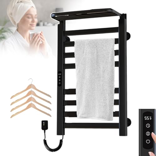 200-W-Handtuchwärmer, elektrischer Handtuchhalter für Badezimmer, an der Wand montierter beheizter Handtuchtrockner mit oberer Ablage, Handtuchheizung mit 8 Stangen und Timer, Black von SGKOMN