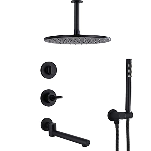 3-Funktions-Regenduschsysteme mit Wannenauslauf, an der Decke montierte schwarze Duscharmatur-Sets, komplett mit Regenduschkopf und Handbrause, 12 Zoll(8inch) von SGKOMN