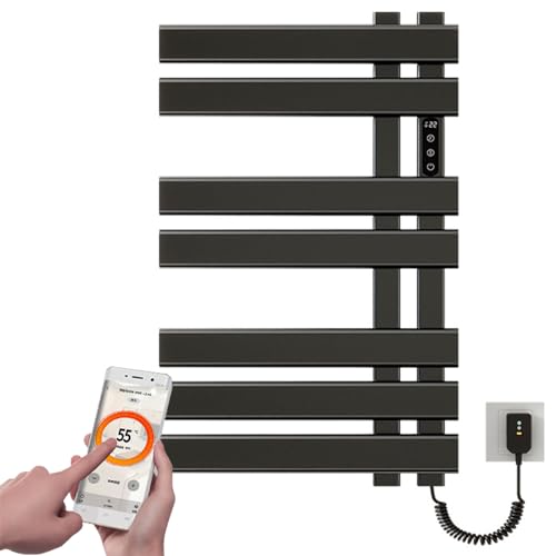 7-lagiger, wandmontierter, beheizter Handtuchhalter – intelligente Steuerung per Tuya-App, Touch-Steuerung, kein Stanzen, für Badezimmer, Hotelzimmer, Black von SGKOMN