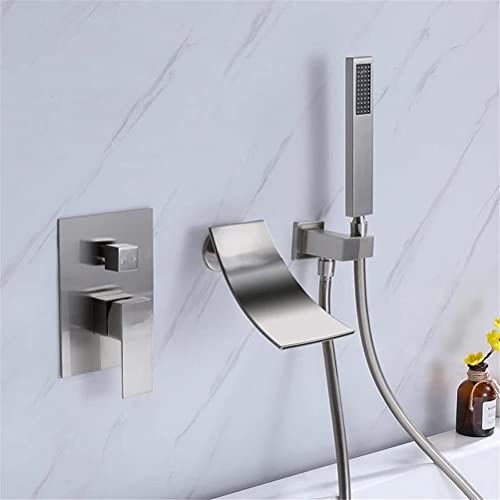 An der Wand montierter Badewannenhahn mit Handbrause, moderne Wandinstallation mit Keramikventil, Badewannenfüller, Duschmischbatterie, Einhebel-Wasserfallauslauf-Duschset(Brushed Nickel) von SGKOMN