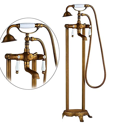 Antiker Messing-Bodenmontage-Wannenwaschbecken-Wasserhahn, Doppelgriff-Badezimmer-Badewannen-Duschset, freistehende Badewannenmischbatterie mit Handbrause(Antique Brass C) von SGKOMN
