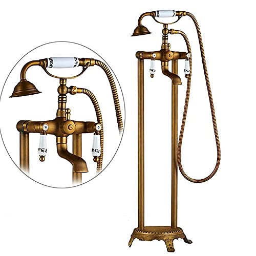Antiker Messing-Bodenmontage-Wannenwaschbecken-Wasserhahn, Doppelgriff-Badezimmer-Badewannen-Duschset, freistehende Badewannenmischbatterie mit Handbrause(Antique Brass D) von SGKOMN