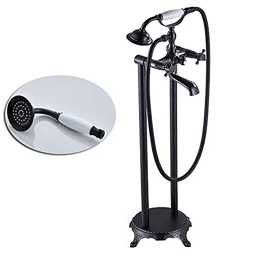 Antiker Messing-Bodenmontage-Wannenwaschbecken-Wasserhahn, Doppelgriff-Badezimmer-Badewannen-Duschset, freistehende Badewannenmischbatterie mit Handbrause(Black Bronze B) von SGKOMN
