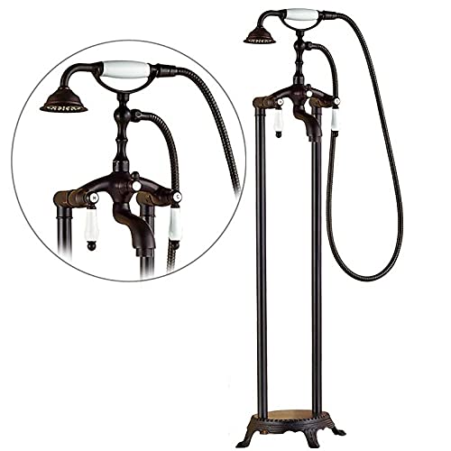 Antiker Messing-Bodenmontage-Wannenwaschbecken-Wasserhahn, Doppelgriff-Badezimmer-Badewannen-Duschset, freistehende Badewannenmischbatterie mit Handbrause(Black Bronze C) von SGKOMN