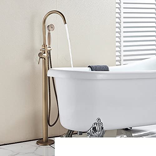 Badewannenarmatur aus gebürstetem Nickel, bodenmontiert, Badewannenmischbatterie-Set, Einhebelmischer, schwenkbarer Auslauf, freistehendes Badewannen-Duschsystem, A qt(Antique Brass a Qt) von SGKOMN