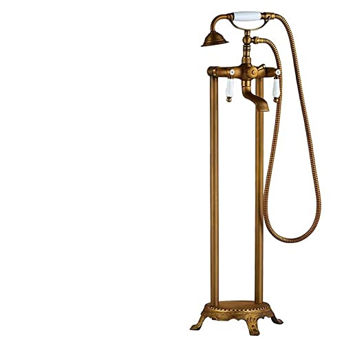 Badewannenarmatur mit zwei Keramikgriffen, freistehende Badewannenarmatur, bodenmontiertes Badewannen-Duschset mit Klauenfüßen und Handbrause, Antikmessing B(Antique Brass C) von SGKOMN