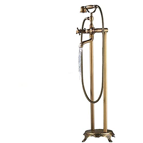 Badewannenarmatur mit zwei Keramikgriffen, freistehende Badewannenarmatur, bodenmontiertes Badewannen-Duschset mit Klauenfüßen und Handbrause, Antikmessing B(Antique Brass a) von SGKOMN
