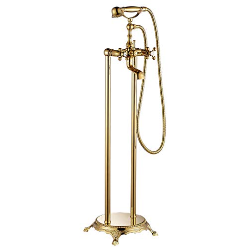 Badewannenarmatur mit zwei Keramikgriffen, freistehende Badewannenarmatur, bodenmontiertes Badewannen-Duschset mit Klauenfüßen und Handbrause, Antikmessing B(Gold) von SGKOMN