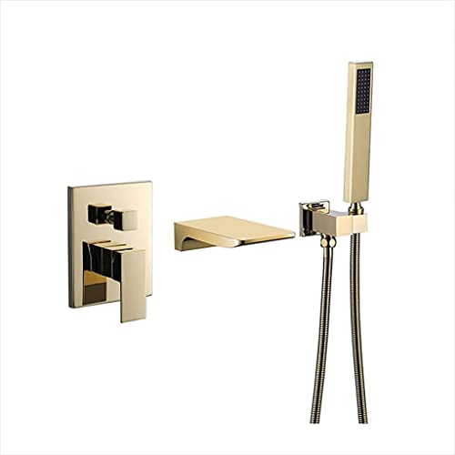 Badewannenarmaturen, Wandmontage, Messing, Wasserfall-Waschbecken, Badewannenarmatur, heiß und kalt, in der Wand verborgenes Duschmischventil mit Handbrause, Luxus-Duschse(Gold) von SGKOMN