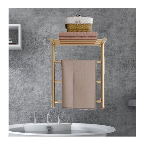 Beheizte Handtuchhalter aus Edelstahl für Badezimmer, elektrisches Handtuchregal zur Wandmontage mit oberem Regal, Handtuchwärmer-Heizkörper mit 4 Stangen, Gold-Plug in Right von SGKOMN