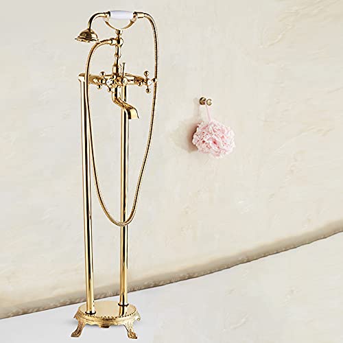 Bodenmontierter Badewannenhahn, Badewannenhahn, Badewannenfüllhahn, freistehender Badewannenhahn mit Handbrause, 360° schwenkbarer Auslauf, mit Sockel(Golden) von SGKOMN