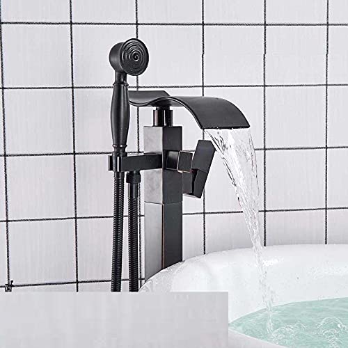 Chrom-Wasserfall-Badewannenarmatur, bodenmontiertes quadratisches Messing-Badewannen-Duschset mit Handbrause, freistehender Wannen-Waschbeckenhahn, Klauenfuß(Black Bronze B) von SGKOMN