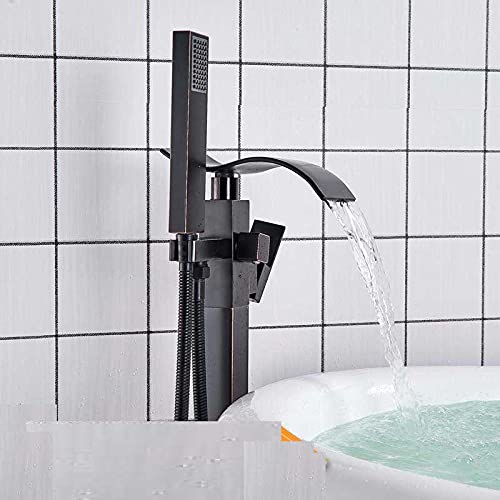 Chrom-Wasserfall-Badewannenarmatur, bodenmontiertes quadratisches Messing-Badewannen-Duschset mit Handbrause, freistehender Wannen-Waschbeckenhahn, Klauenfuß(Black Bronze a) von SGKOMN