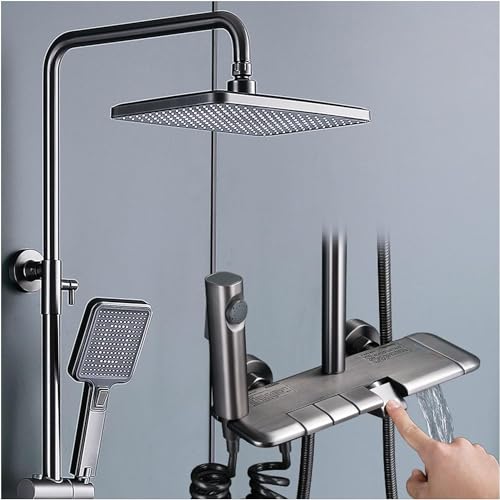 Duscharmatur-Set, freiliegendes Duschsystem, thermostatisches Duscharmatur-Set mit Regenduschkopf, Handbrause, Wasserfall-Wannenauslauf und Toiletten-Bidet-Sprüher, Wandmo(Gr) von SGKOMN