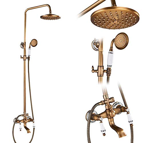 Duscharmaturen-Set aus Messing im Antik-Stil, Porzellan-Keramik-Duschsäule, schwenkbarer Badewannenauslauf, Doppelknöpfe, Mischbatterie, Badewannen-Duschset, Antik-Messing(Antique Brass E01) von SGKOMN