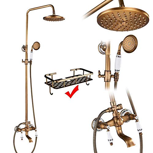 Duscharmaturen-Set aus Messing im Antik-Stil, Porzellan-Keramik-Duschsäule, schwenkbarer Badewannenauslauf, Doppelknöpfe, Mischbatterie, Badewannen-Duschset, Antik-Messing(Antique Brass E02) von SGKOMN