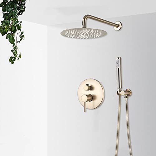 Duscharmaturen-Set aus gebürstetem Gold, Regenduschsystem, verdeckter Mischbatterie für heißes und kaltes Wasser, runder Duschhahn fürs Badezimmer, 3-Wege, 25,4 cm Schwenk(2-way 16inch) von SGKOMN
