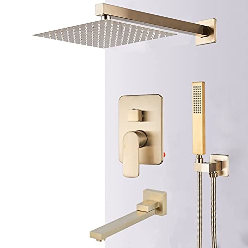 Duscharmaturen-Set aus gebürstetem Gold für Badezimmer, Wandmontage, Duschsystem mit eingebetteter Box, Duschmischbatterie, Regendusche(3-way 12in Swivel) von SGKOMN