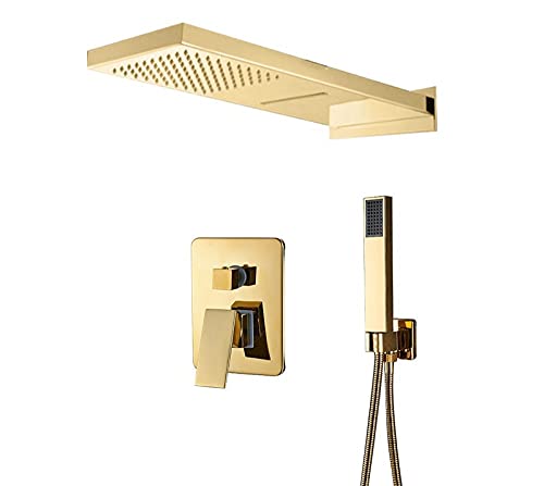 Duscharmaturen Wandmontage 3 Funktion Chrom Bad Dusche Wasserhahn Set Wasserfall Regendusche Kopf Handbrause Mischbatterie Bad(Polished Gold) von SGKOMN