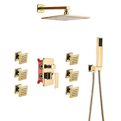 Duschsystem, verdeckter goldener Duschhahn, Einhebel-Warm- und Kaltwasser-Dusch-Kombi-Set mit Handbrause und Regenduschkopf, 2-Zoll-Körperbrause, Massagewanne und Dusche T(Type B-12 Inches) von SGKOMN
