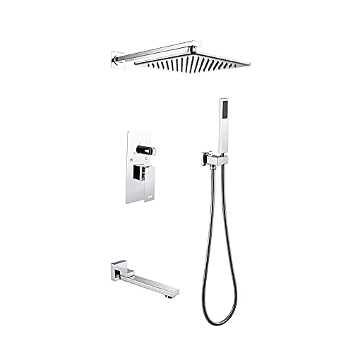 Duschsystem mit Wannenauslauf, 10 Zoll quadratisches Regenduschkopfsystem mit Handbrause-Kombi-Set, Wandmontage-Duscharmatur-Set komplett(Chrome) von SGKOMN