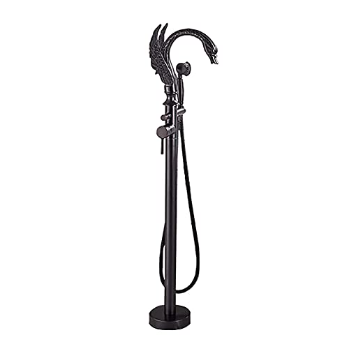 Freesding Badewannenarmatur mit Handbrause und 360° schwenkbarem Auslauf, Bodenmontage, Schwanenform, Wannenfüllarmatur, Einhebel-Wannenarmatur-Set aus Messing mit Duschum(Black a) von SGKOMN