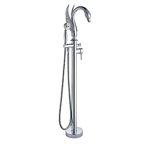 Freesding Badewannenarmatur mit Handbrause und 360° schwenkbarem Auslauf, Bodenmontage, Schwanenform, Wannenfüllarmatur, Einhebel-Wannenarmatur-Set aus Messing mit Duschum(Chrome) von SGKOMN