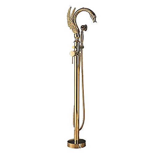 Freesding Badewannenarmatur mit Handbrause und 360° schwenkbarem Auslauf, Bodenmontage, Schwanenform, Wannenfüllarmatur, Einhebel-Wannenarmatur-Set aus Messing mit Duschum(Gold) von SGKOMN