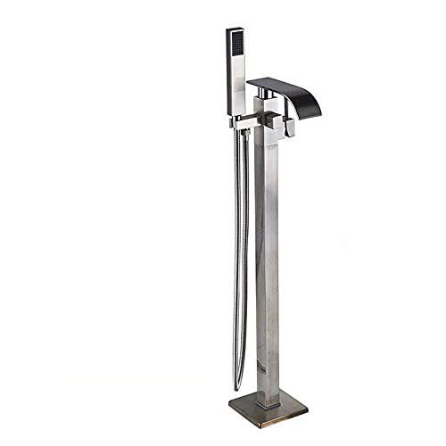 Freistehende Badewanne, Bodenmontage, Wasserhahn-Set, Kunststoff, Handbrause, Wasserfall, Badewannenauslauf, Badewannenmischbatterie, Chrom-Finish, A(Brushed Nickel) von SGKOMN